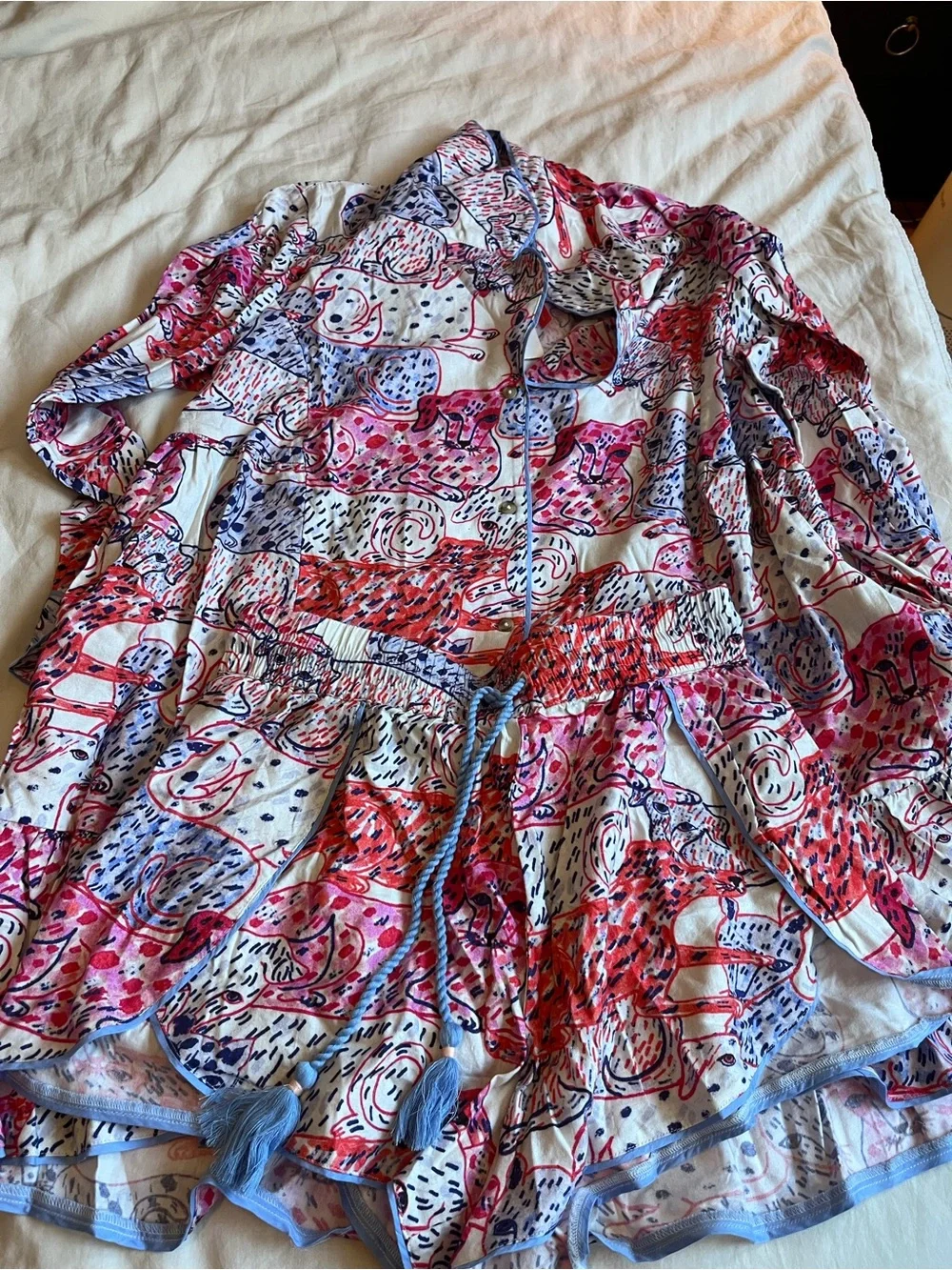 Olivia Wendel Anthropologie Cats and Dogs sprinkle Printed Satin Pajama set